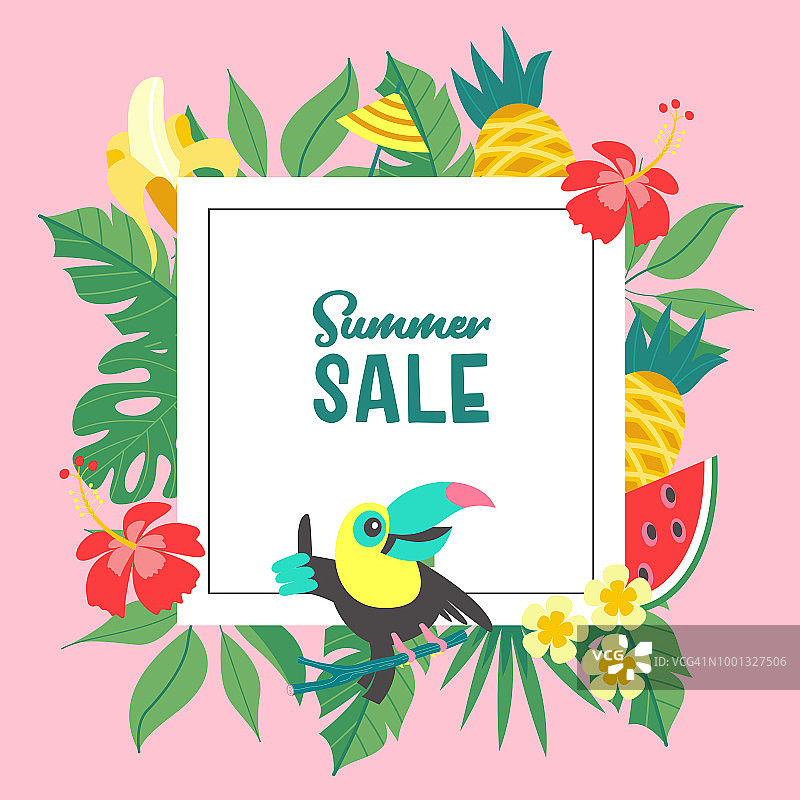 夏天出售。色彩鲜艳的广告海报。欢快的巨嘴鸟，热带的叶子和水果。插图卡通风格。图片素材