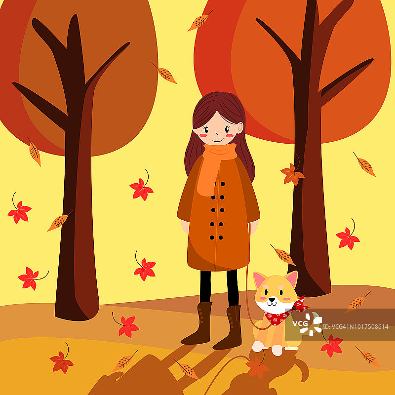 可爱的女孩和可爱的狗在秋天的早晨散步图片素材