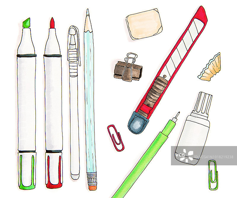 学校用品孤立在白色背景手绘插图图片素材