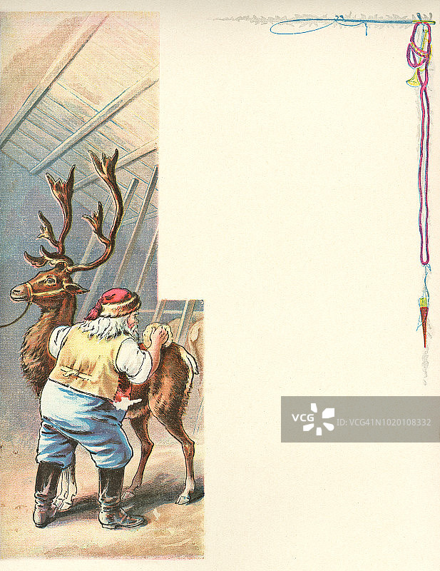 圣诞老人在清理驯鹿图片素材
