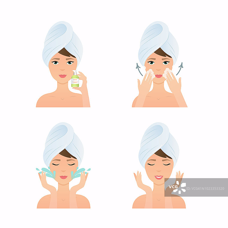面部护理常规。女孩清洁和护理她的脸。使用洁面乳的步骤。护肤品向量。图片素材