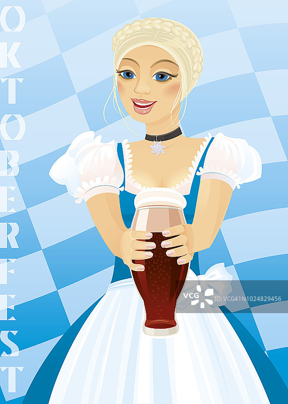 手持啤酒节啤酒杯的巴伐利亚女孩图片素材
