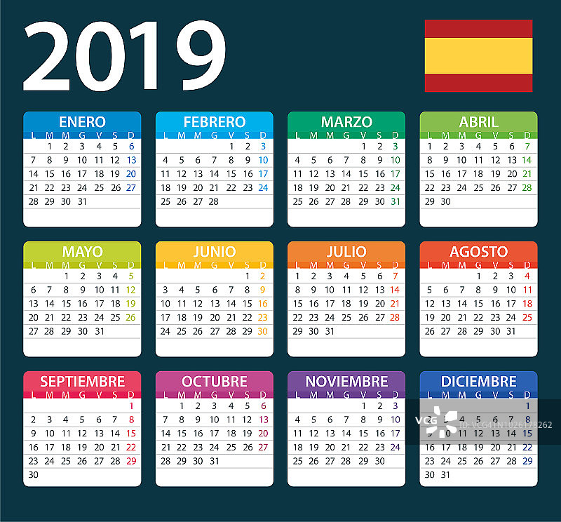 日历2019颜色-插图。西班牙语版本图片素材