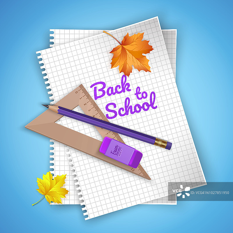 笔记本纸和学校用品上彩色鲜艳的背景，文具明信片回学校。矢量图图片素材
