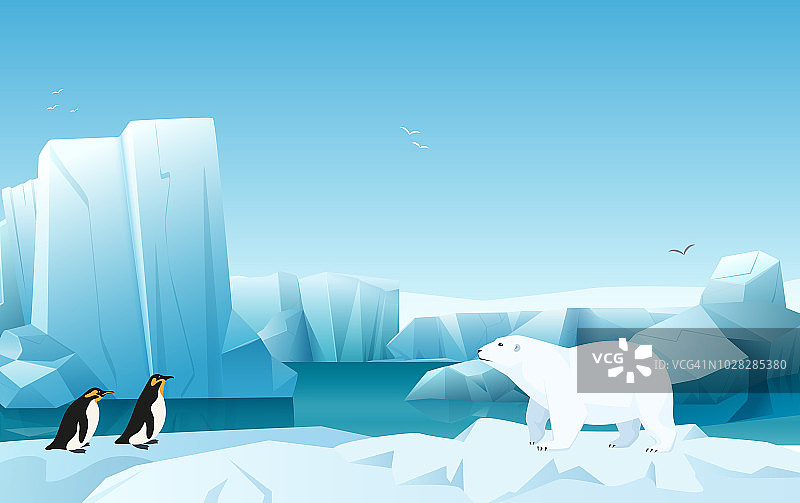 卡通自然冬季北极冰景观有冰山、雪山丘陵。白熊和企鹅。矢量游戏风格的插图。图片素材