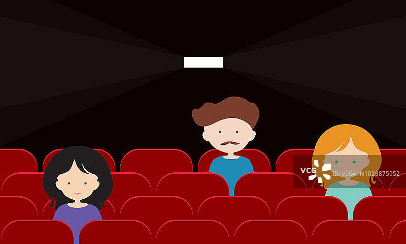 平面设计插图的人坐在红色的座位上，在电影院，而显示电影向量图片素材