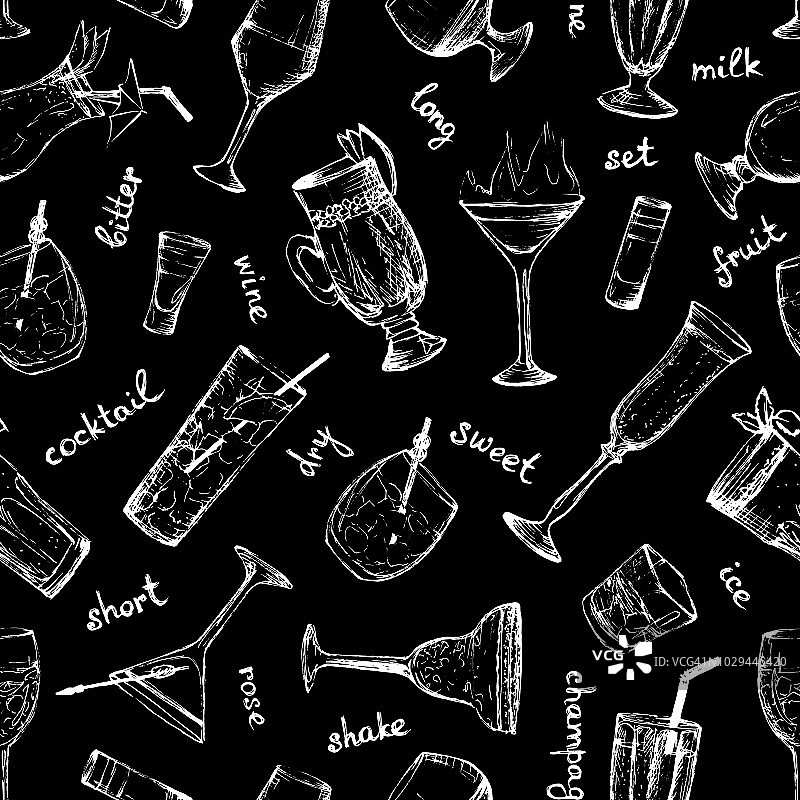 鸡尾酒-白色和黑色无缝模式手绘饮料和文字图片素材