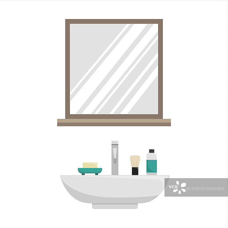 浴室内部的平面孤立插图。有镜子的水槽。图片素材