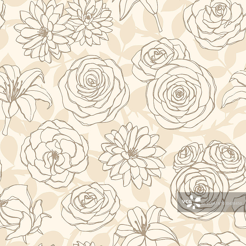 向量无缝图案百合，菊花，茶花，牡丹和玫瑰花线艺术在米色背景。手绘花卉重复点缀的花朵在素描风格。适用于纺织、织物、包装纸等。图片素材
