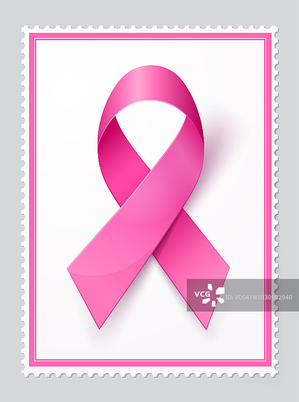 邮票上印有关注乳癌的标志。粉红色丝带孤立在白色上。矢量插图,图片素材