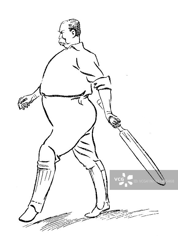 古董雕刻插图:板球运动员图片素材