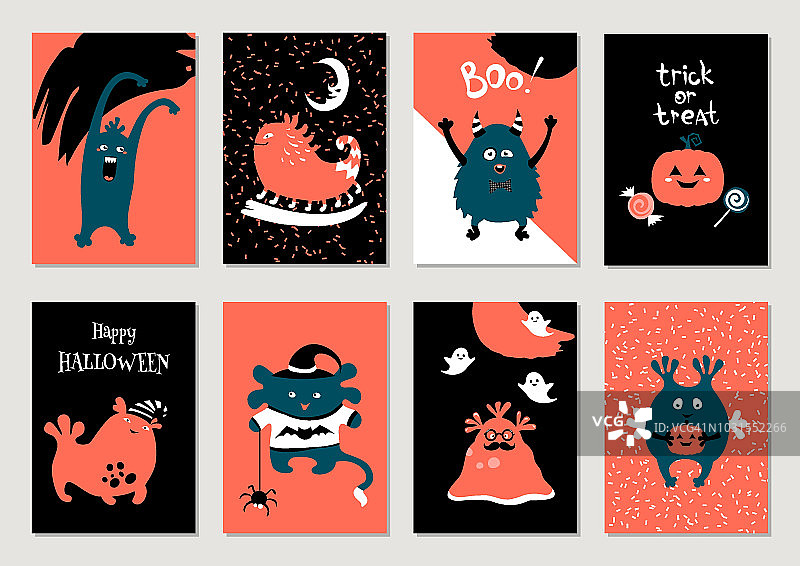 矢量八卡通风格的万圣节海报设计与万圣节符号，怪物和书法。有趣的万圣节卡片。图片素材