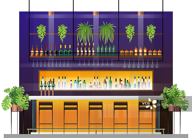 现代酒吧的室内场景与吧台，矢量，插图图片素材