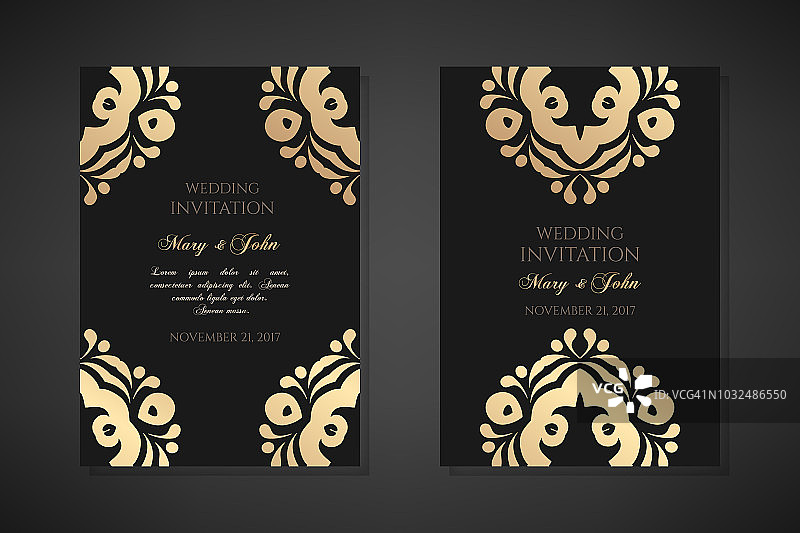 婚礼邀请函模板。封面设计与装饰和黑色背景。矢量装饰垂直海报与复制空间。图片素材