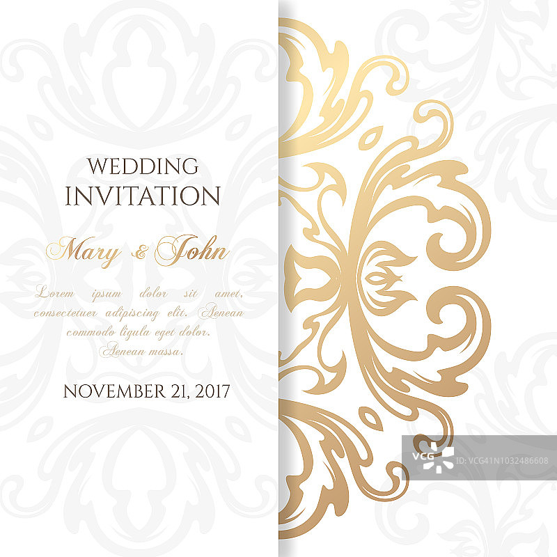 婚礼邀请函模板。封面设计与装饰品和白色背景。带有拷贝空间的矢量装饰卡片。图片素材