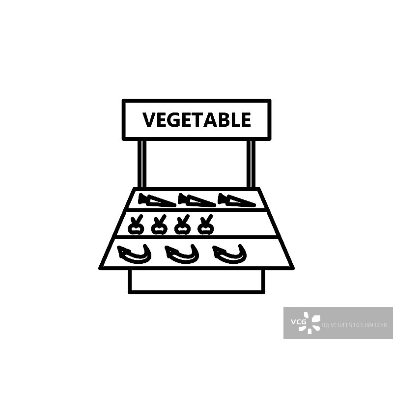 柜台与蔬菜轮廓图标。移动概念和web应用的购物图标元素。细线计数器与蔬菜图标，可用于网络和移动图片素材