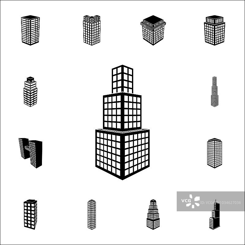 插图的3d摩天大楼图标。3d建筑图标通用设置为网络和移动图片素材