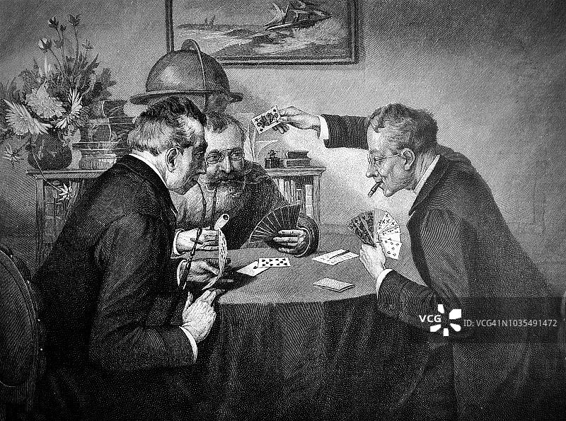 三个老人打牌，时间是1895年图片素材