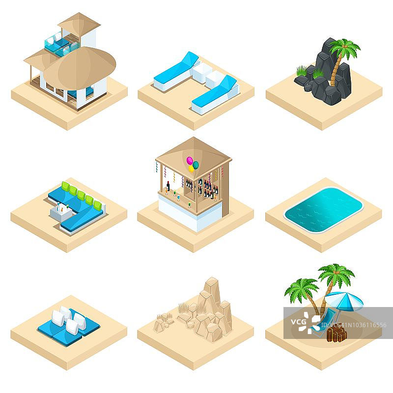 在温暖的沙滩上等距集休闲、度假、旅游、海边、沙滩、旅游。一大堆图标来创建你的假期图片素材