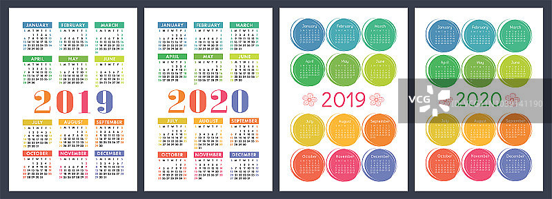 日历2019年，2020年。基本向量集。一周从周日开始。设计模板。彩色铅笔或画笔。手绘图片素材