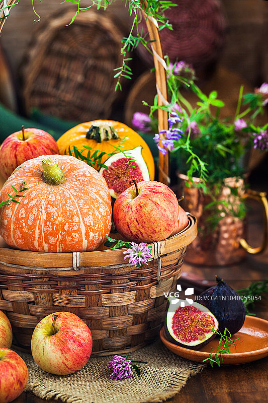 秋天彩色的南瓜，苹果和无花果在乡村的背景，万圣节或感恩节的概念图片素材
