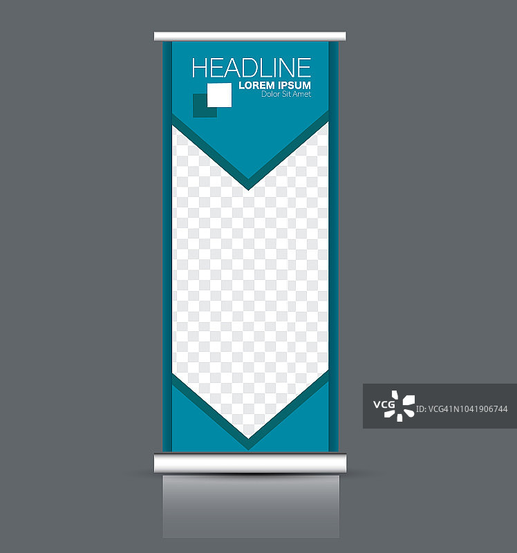卷起垂直旗帜站模板。抽象背景概念用于商业、教育、演示、广告。可编辑的矢量图。蓝色的颜色。图片素材