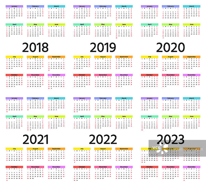 2018年、2019年、2020年日历。矢量插图。模板一年计划。图片素材