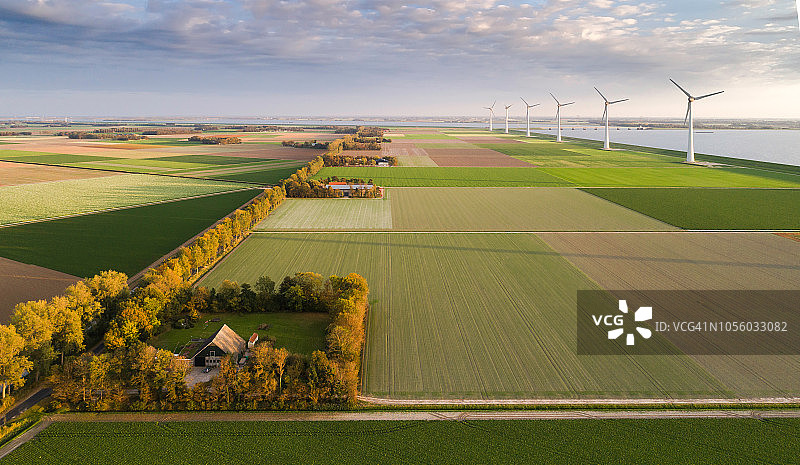 在IJsselmeer附近的Noordoostpolder农场，色彩缤纷的田野和风力涡轮机。图片素材