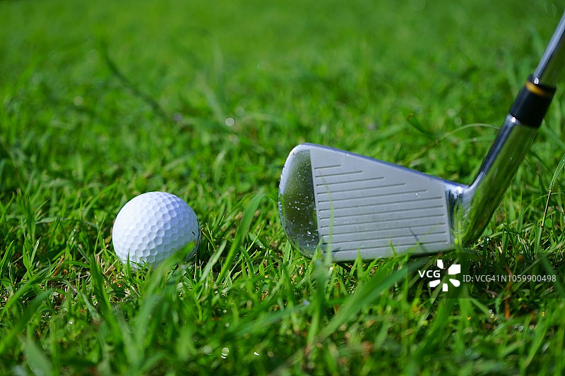 高尔夫球和发球在高尔夫绿球场的背景，复制空间图片素材