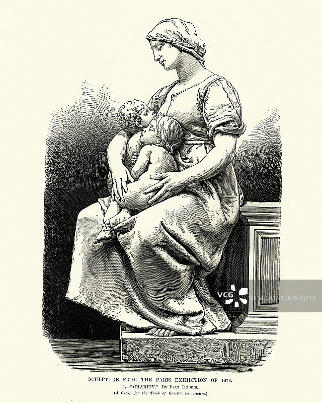 19世纪的年轻母亲用母乳喂养她的孩子图片素材