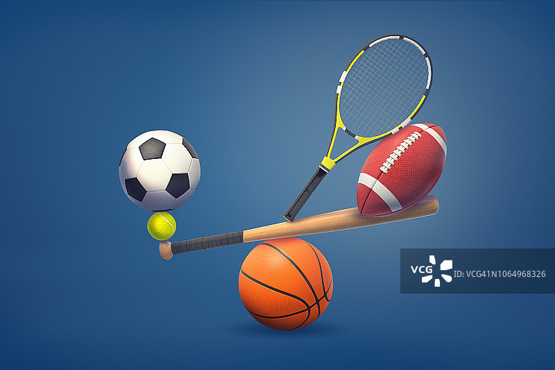 一个棒球棒的3d渲染平衡在篮球和持有网球，球拍，美国足球和足球。图片素材