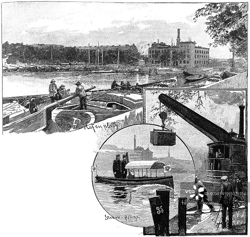1888年，汉堡的普鲁士货运港口和水警图片素材