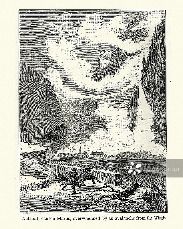 瑞士Netstal, 19世纪被雪崩摧毁图片素材