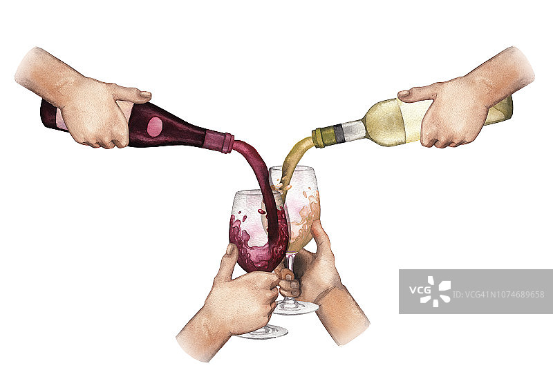 水彩手倒红和白葡萄酒从瓶子到玻璃杯。图片素材
