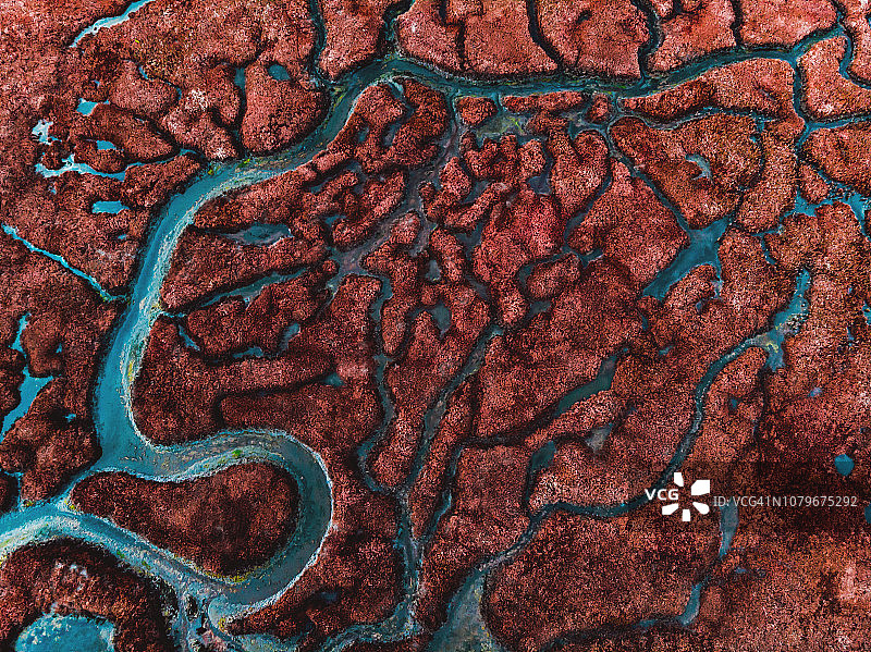从上面拍摄的河流三角洲创造的美丽图案。图片素材