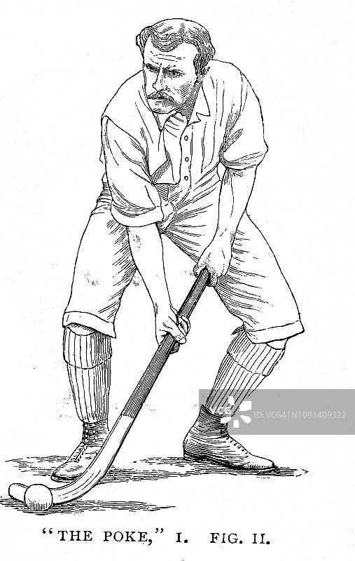 维多利亚时代的黑白版画各种男子曲棍球技术;戳;19世纪的体育和男人;1892年英语了图片素材