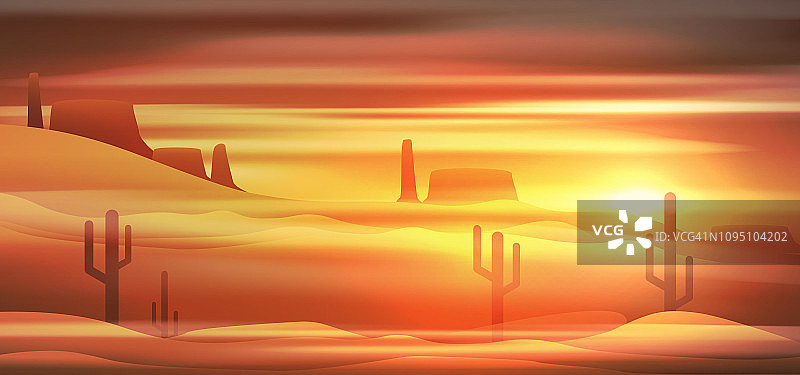 美国西部荒原，有日落山和仙人掌图片素材