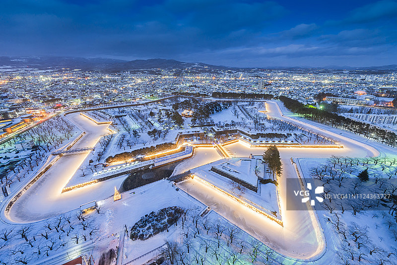 冬天从五横街塔俯瞰。日本北海道函馆图片素材