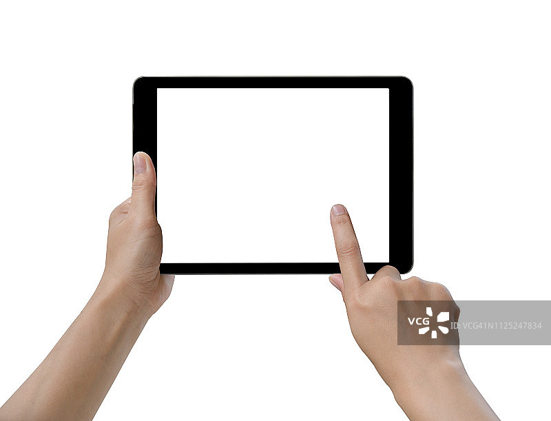 手握和触摸平板电脑隔离在白色背景图片素材