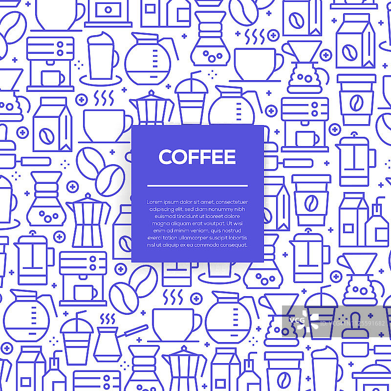 向量的设计模板和元素为咖啡在时尚的线性风格-无缝模式与线性图标相关的咖啡-向量图片素材