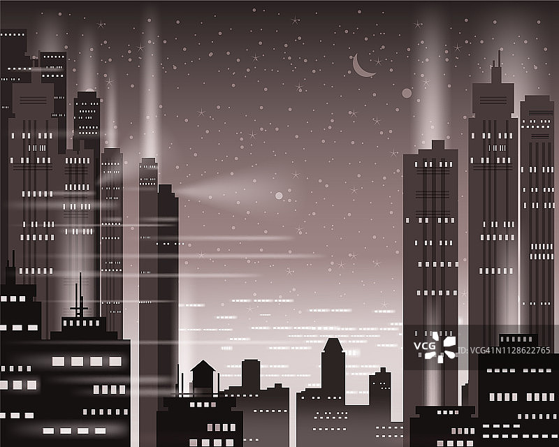城市景观大都市的夜晚灯光，霓虹灯，摩天大楼，市中心，天际线，建筑的剪影。矢量，插图，孤立，背景，模板，横幅图片素材