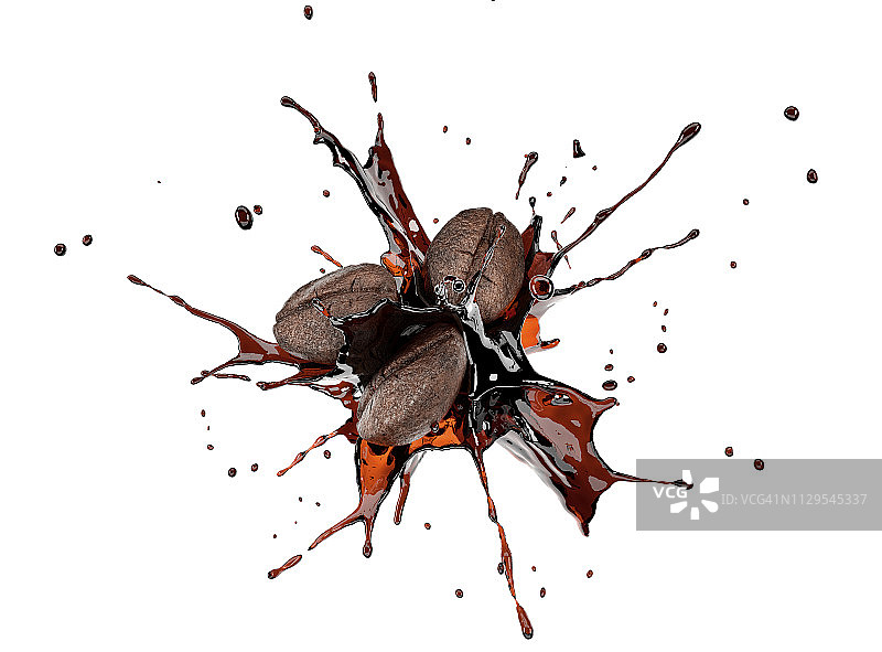 咖啡豆与液体咖啡碰撞，插图图片素材