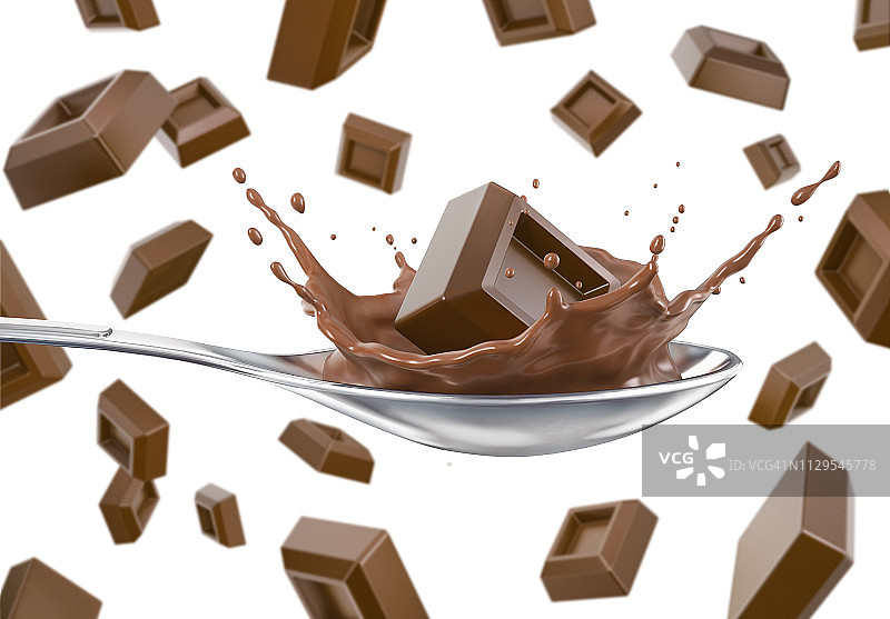 巧克力方块与一个勺子溅，插图图片素材