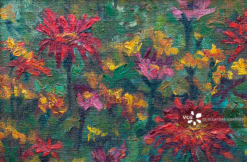 时尚的夏季插图现代艺术作品我的原始油画在画布上的花水平的风景盛开的百日草优雅的金盏菊在花园的花坛上对抗绿叶和其他植物的茎图片素材