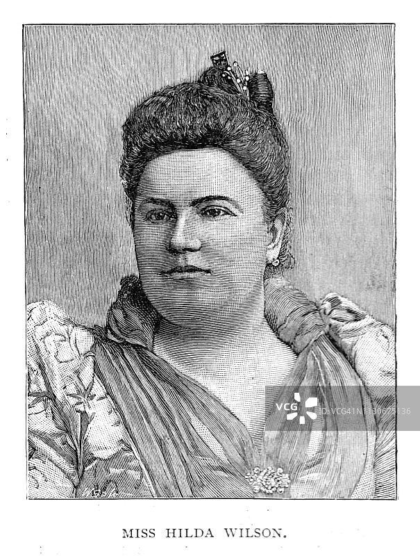 维多利亚时代的黑白雕刻肖像希尔达威尔逊小姐威尔士女低音;19世纪的歌手和表演者;1892年英语了图片素材
