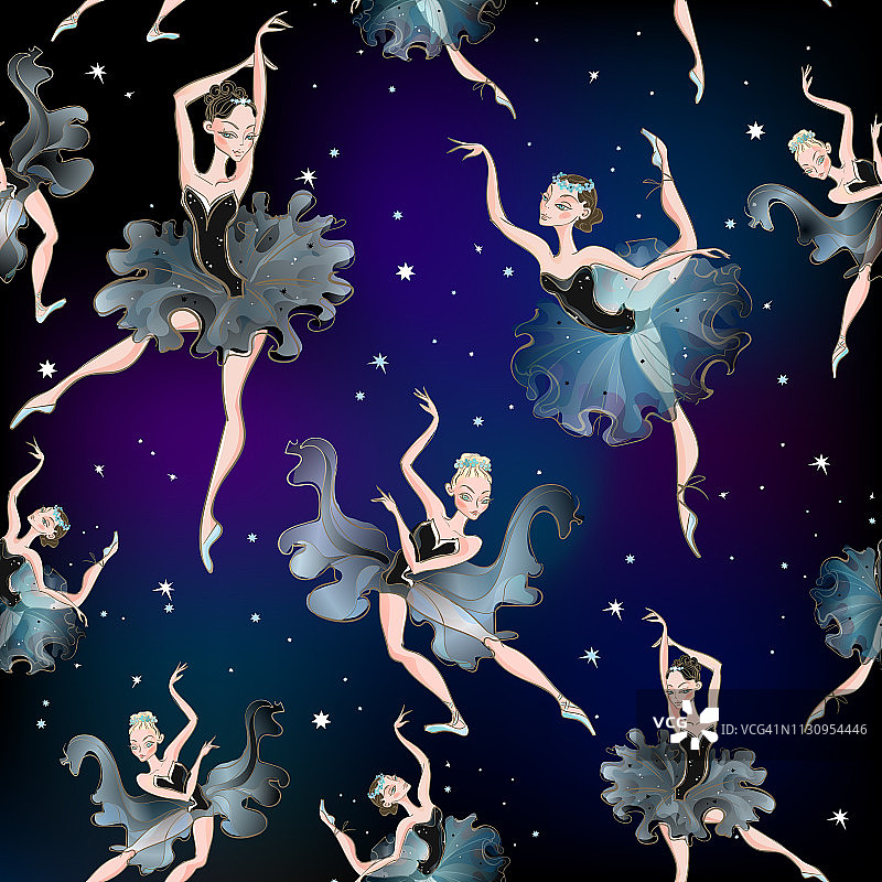 在一个星星图案的背景上跳舞的芭蕾舞者。向量。图片素材