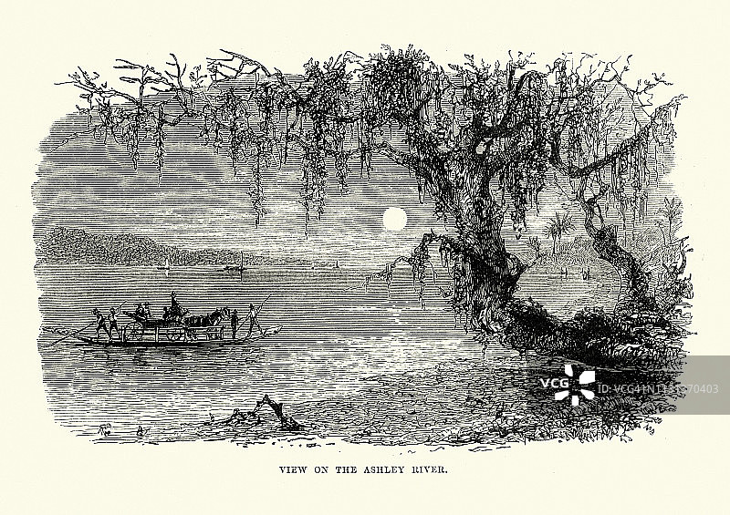 19世纪，南卡罗莱纳阿什利河上的木筏渡船图片素材