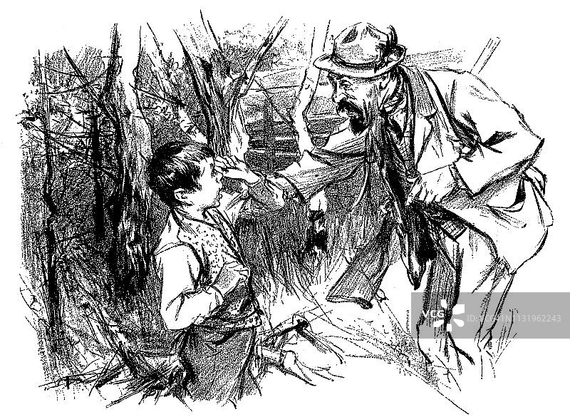 一个猎人在森林里找到了一个迷路的孩子- 1896年图片素材