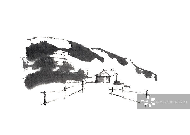 屋在冬山原日式的sumi-e水墨画。图片素材