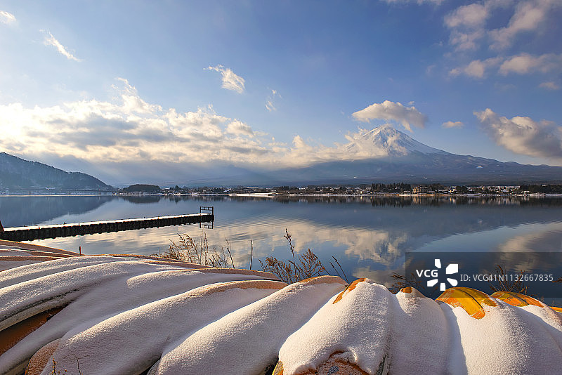 冬天，日本川口湖上的富士山倒影和黄色小船图片素材